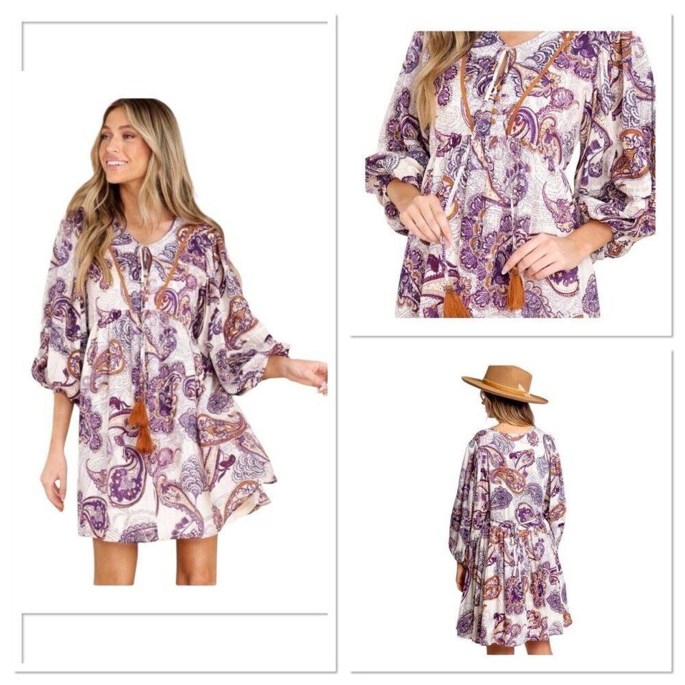 Band of the Free Lyonette Paisley Boho Mini Dress in Cream & Purple, Medium. NWT